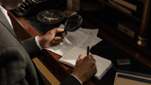 a person in a suit holding a magnifying glass over a piece of paper