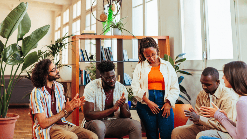 a group of people in the office