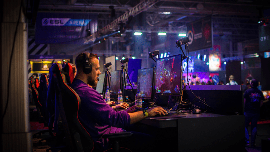 a group of people playing video games in a room