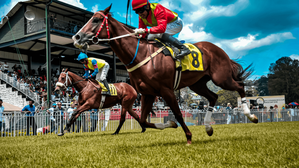 a jockey on a horse racing down the track