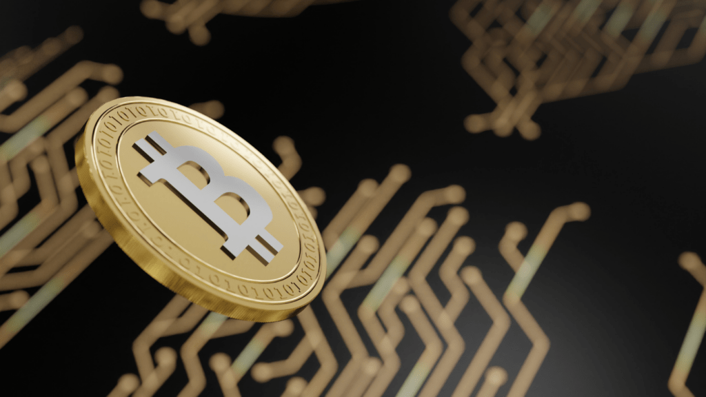 two golden bitcoin coins on a dark background